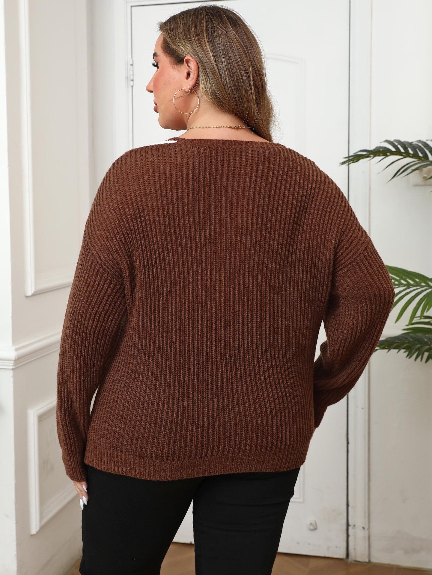 Plus Size Women Clothes Color Contrast Patchwork Large V neck Loose Woven Sweater Pullover