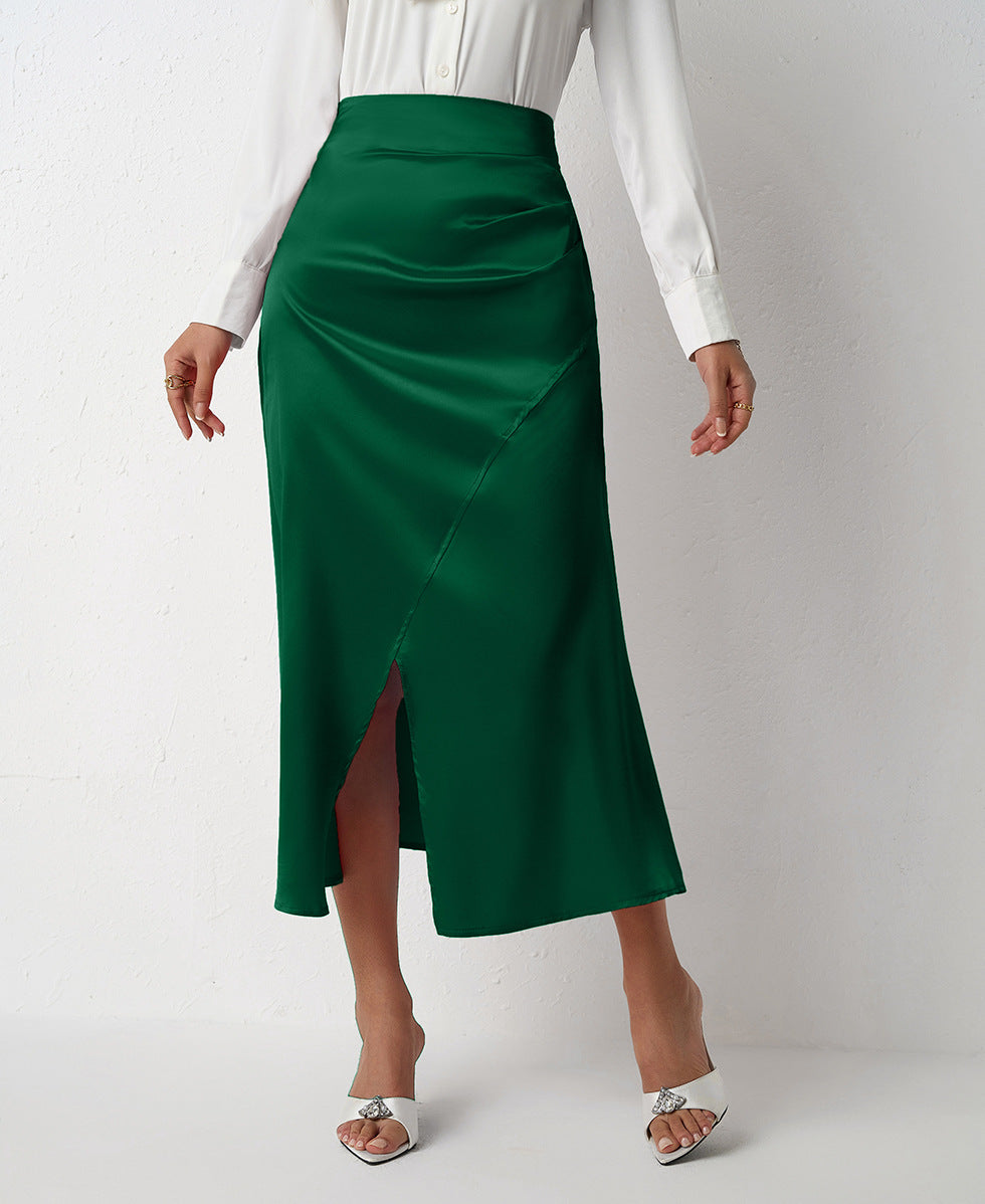 Women Clothing High Waist Slit Satin Long Skirt Pleated Skirt Zipper Fishtail Hip Skirt