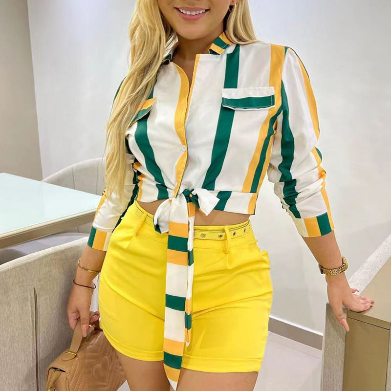 Shirt Suit Women Striped Digital Printing Lace-up Short Suit Collar Two Piece Suit