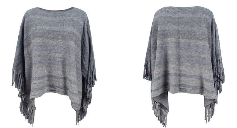 off Neck Tassel Shawl Women Autumn Contrast Color Striped Cape Coat