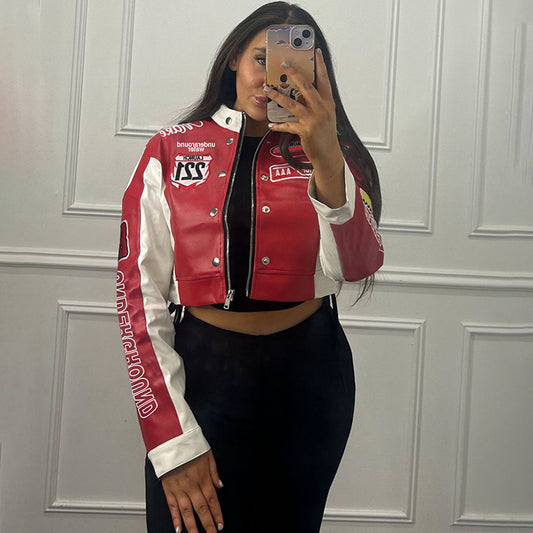 Autumn Winter Women Clothing Sexy Cropped Vintage Floral Print Long Sleeves Varsity Jacket