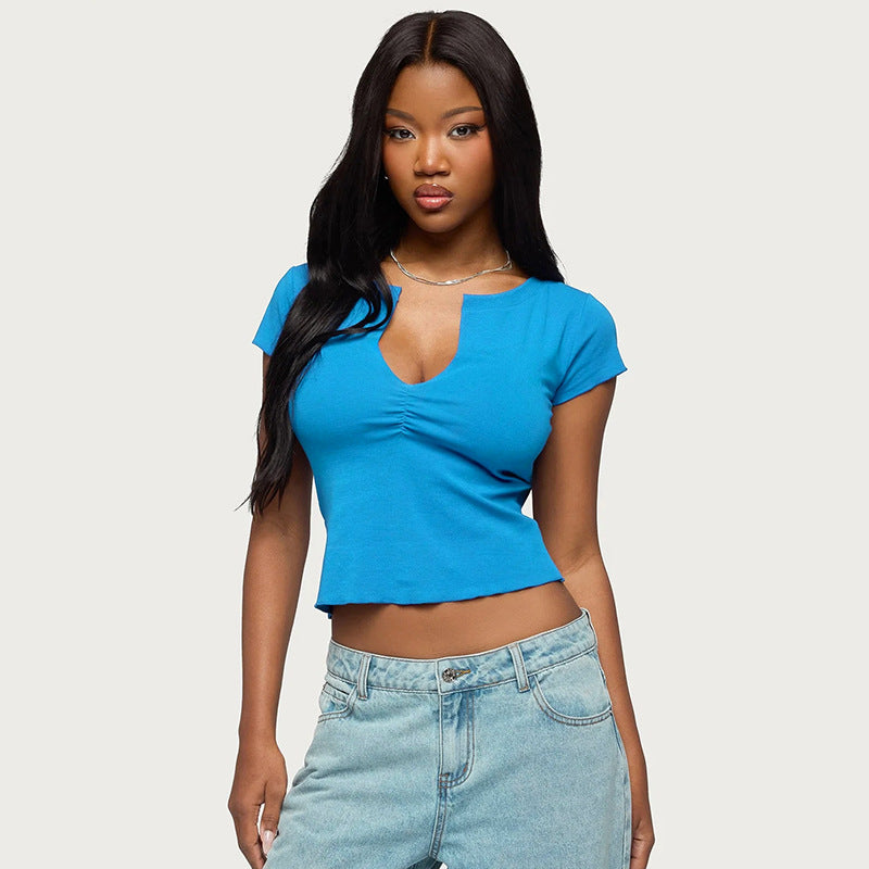 Women Clothing Sexy Solid Color V neck Slim Fit Cropped Short Sleeved Top T shirt