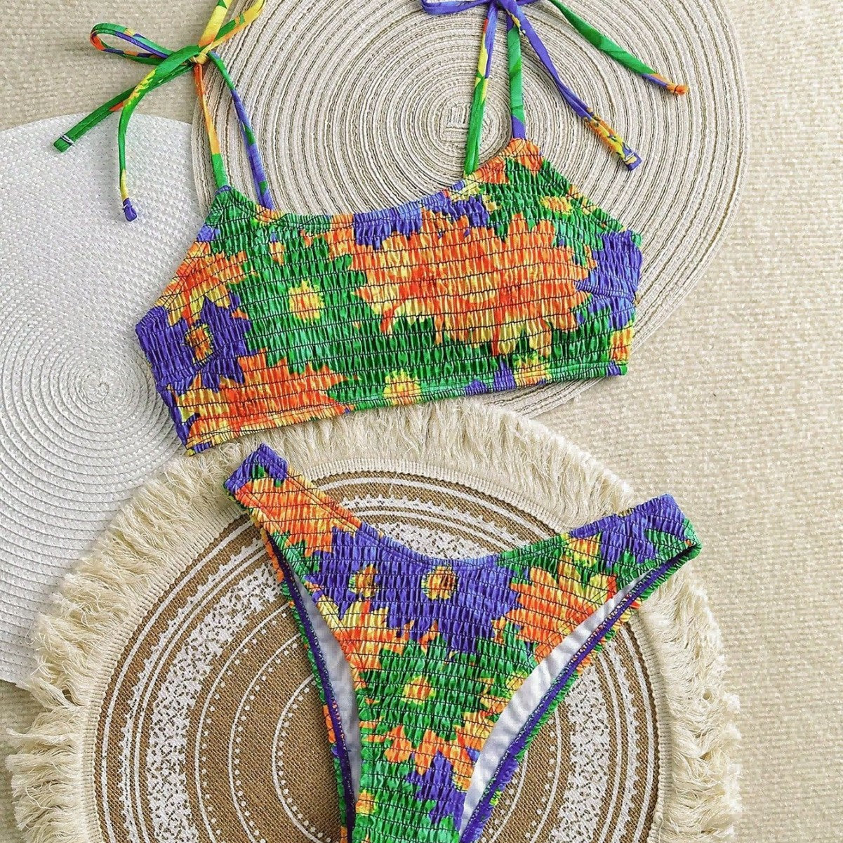 Pleated Swimsuit Sexy Bikini Lady Simple Lace up Split Swimsuit