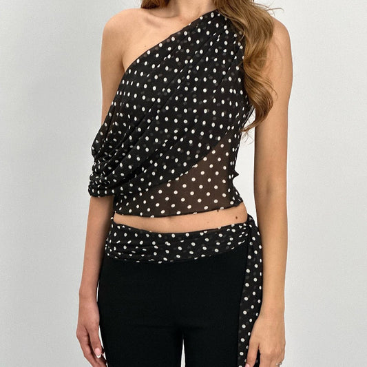 Women Clothing Summer Sexy Diagonal Collar Polka Dot Chiffon See through Irregular Asymmetric Top Women