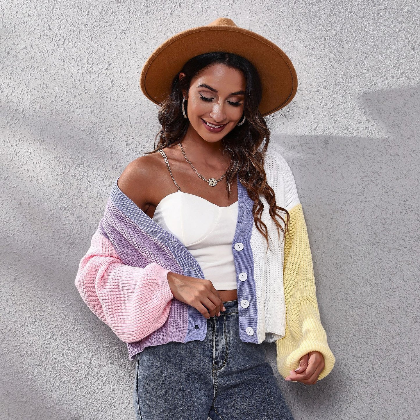 Popular Contrast Color Knitted Cardigan Color Matching Lantern Sleeve Short Sweater for Women Loose