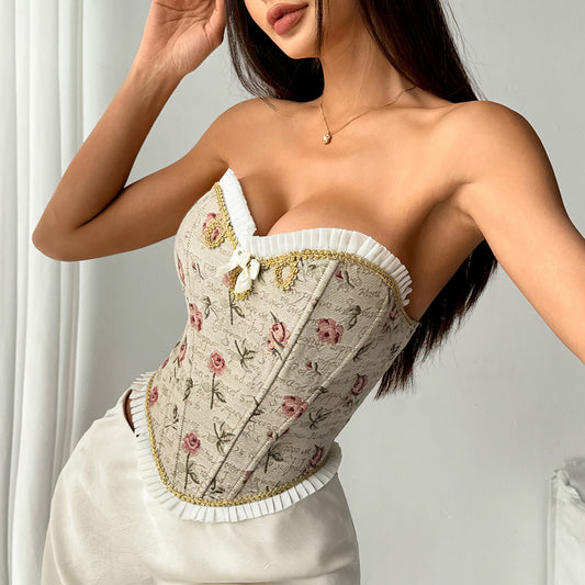 Jacquard Stitching Pleated Edge off Shoulder Tube Top Boning Corset Bra Lace up Vest Women
