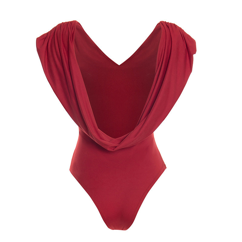 Women Clothing Spring Solid Color Sexy Pleated Sleeveless Slim Swing Collar Romper