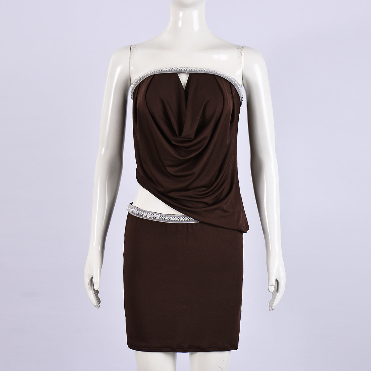 Women Clothing Autumn Personalized Cropped Irregular Asymmetric Contrast Color Patchwork Skirt Set