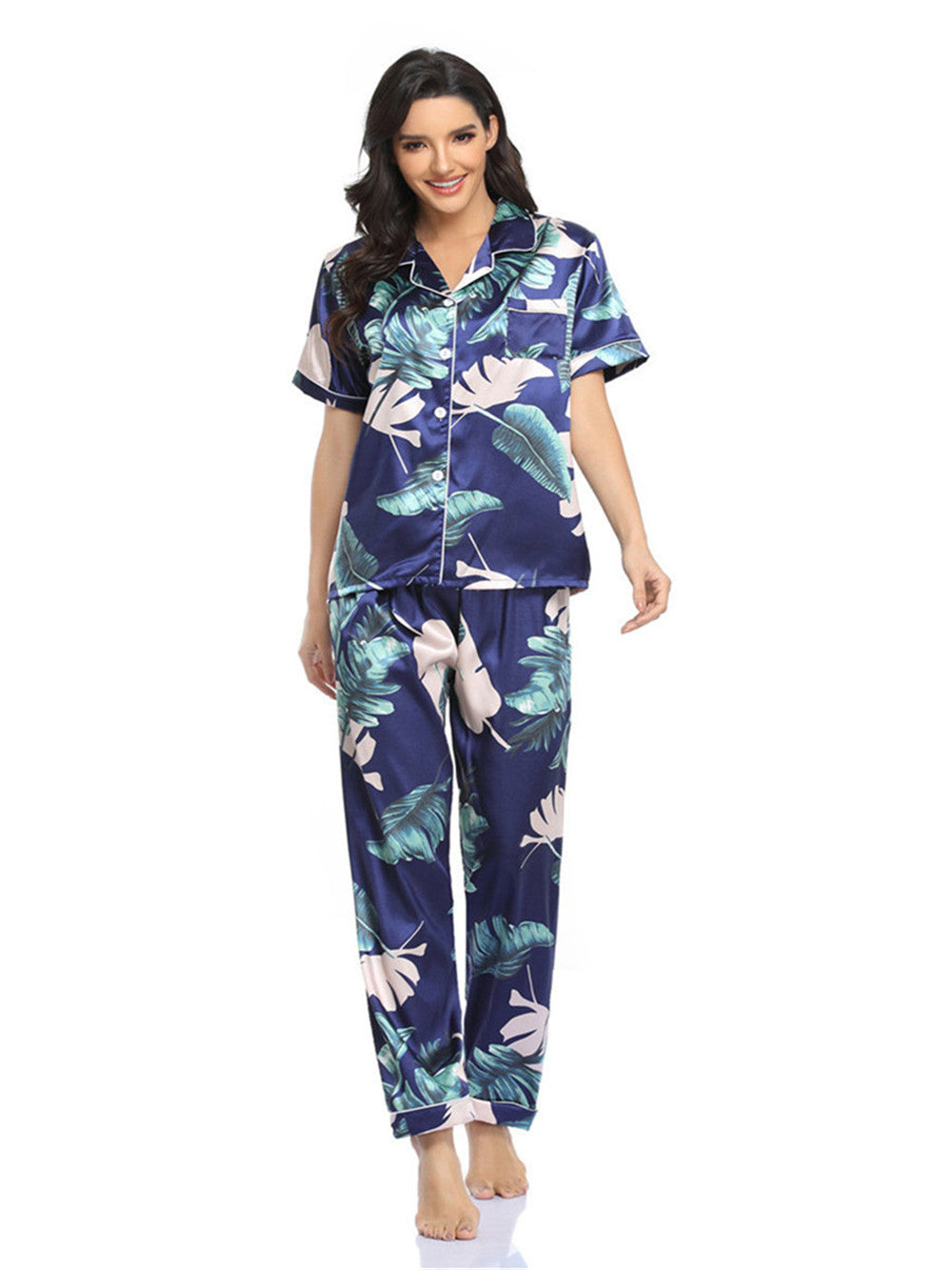 Imitated Silk Pajamas Women Home Wear Two-Piece Short-Sleeved Trousers
