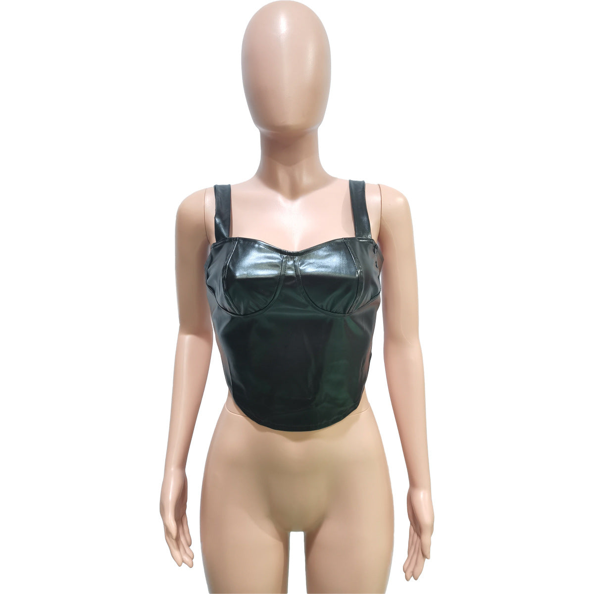 Women Clothing Spring Summer Solid Color Faux Leather Sleeveless Spaghetti Straps Corset Zipper Vest