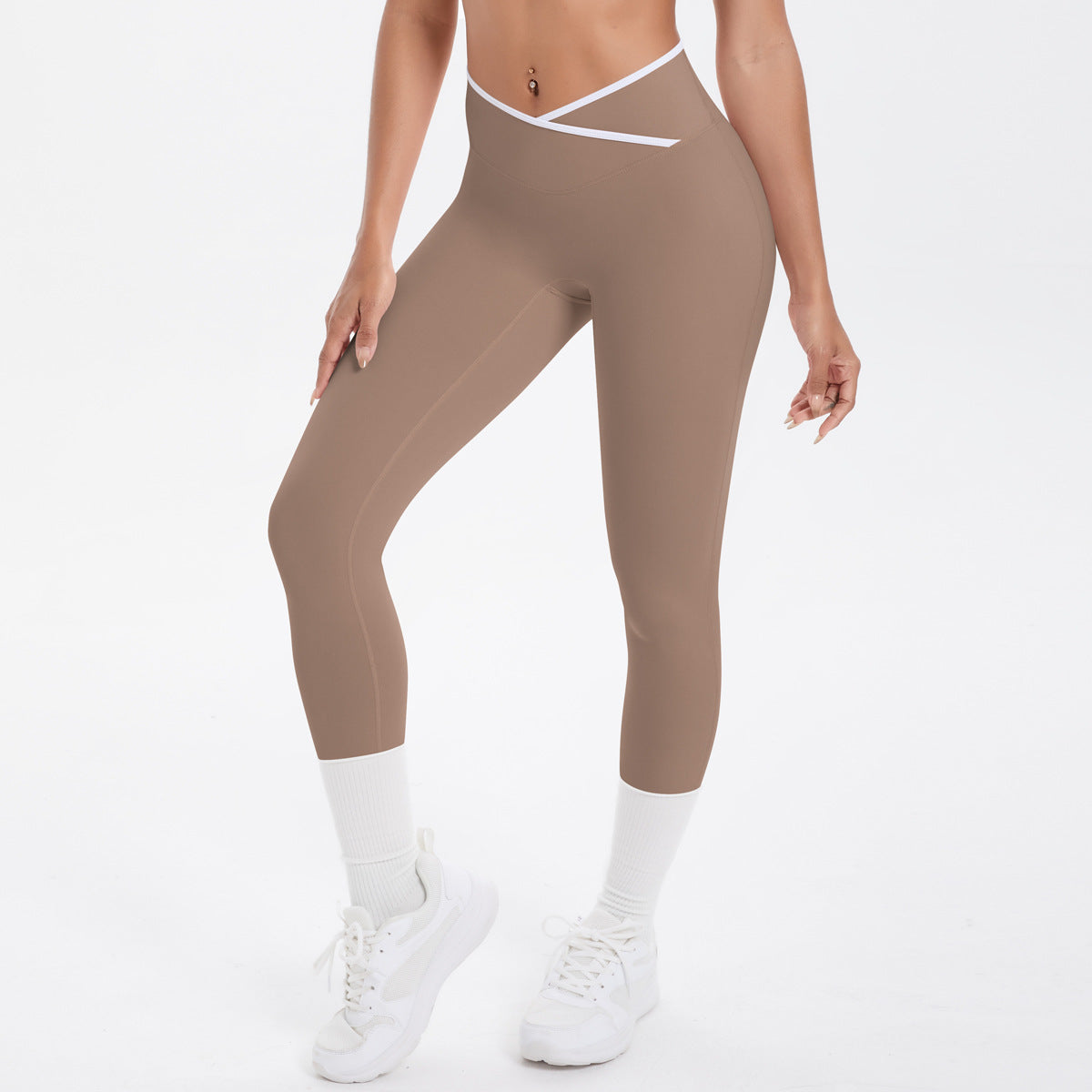 Nude Feel Skinny Yoga Pants Contrast Color Sexy Hip Lifting Cross High Waist Cropped Pants Women Sports Fitness Pants