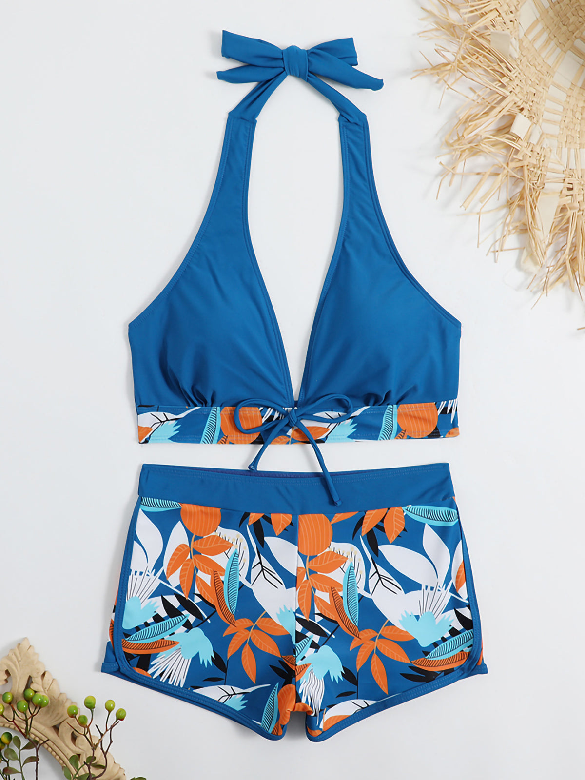 Swimsuit Women Split High Waist Boxer Lace Printing Solid Color Stitching Swimsuit