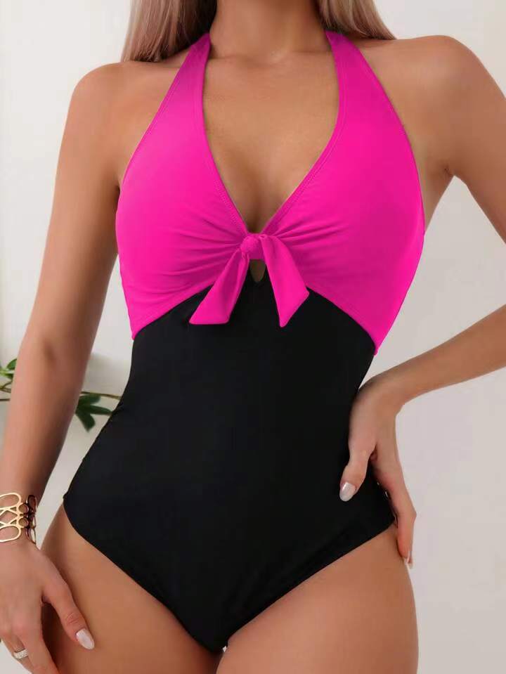 One Piece Solid Color Swimsuit Women Sexy Bikini Bikini Solid Color Tied Swimsuit