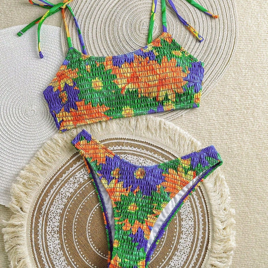 Pleated Swimsuit Sexy Bikini Lady Simple Lace up Split Swimsuit