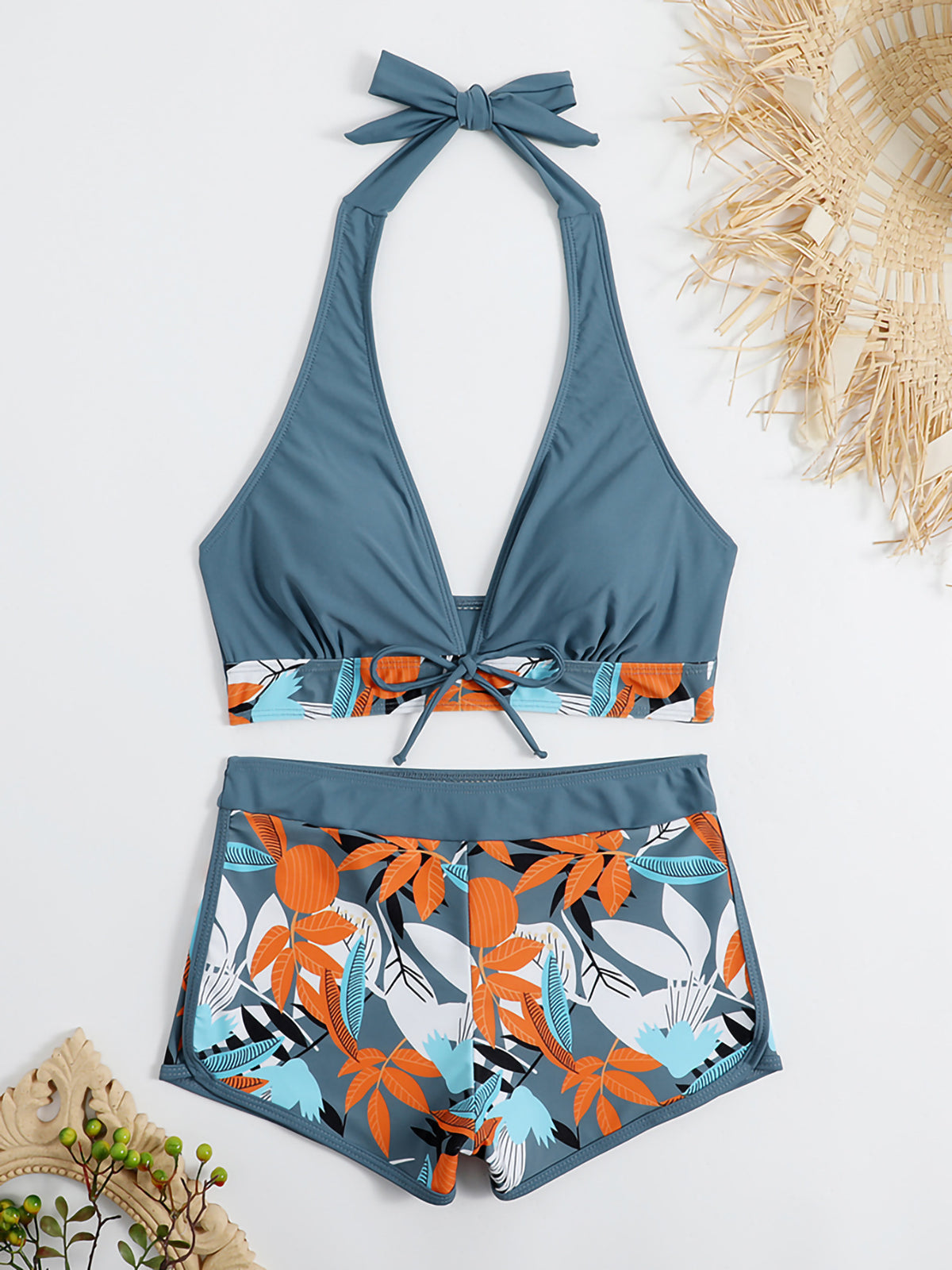 Swimsuit Women Split High Waist Boxer Lace Printing Solid Color Stitching Swimsuit