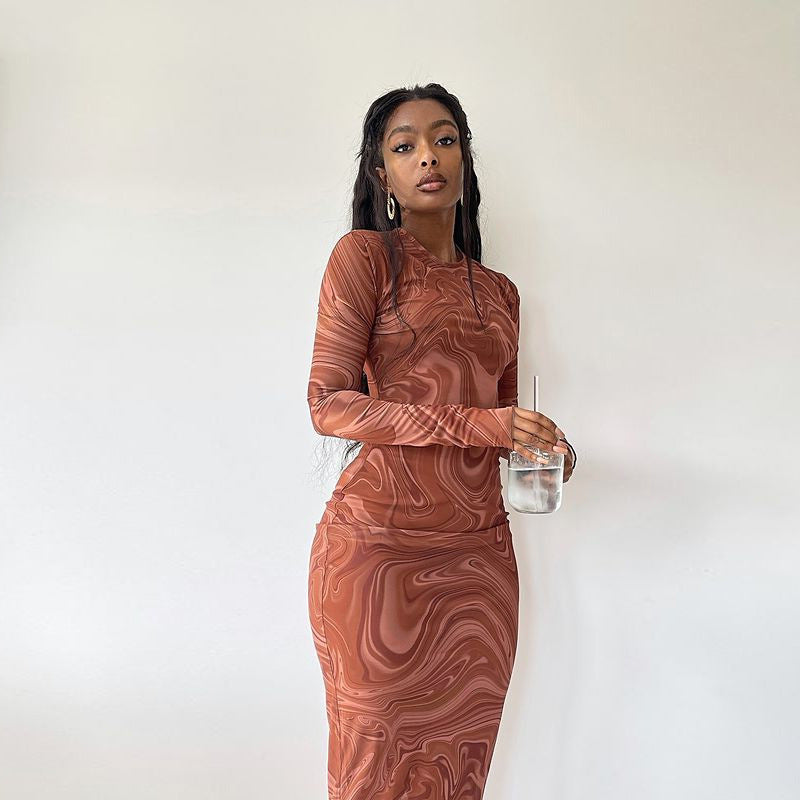 Women Clothing Autumn Winter Print round Neck Long Sleeve Slim Mid Length Dress
