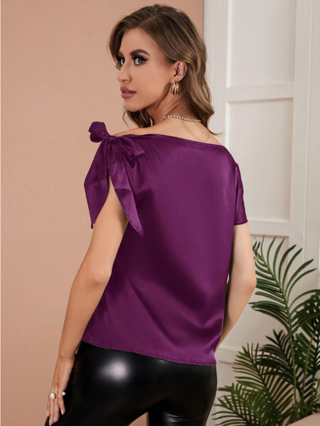 Women Clothing Solid Color Satin Artificial Silk Pullover off Shoulder Sleeveless Office Top Women