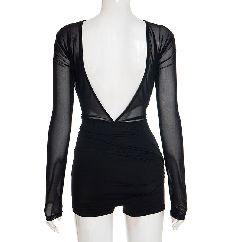 Autumn Winter Women Sexy Sexy Bare Back Slim Mesh Romper