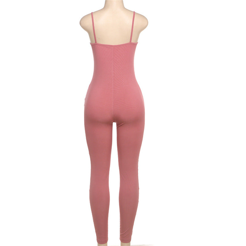 Autumn Winter Sexy Tight Low Cut Solid Color Trousers Strappy Bow Jumpsuit