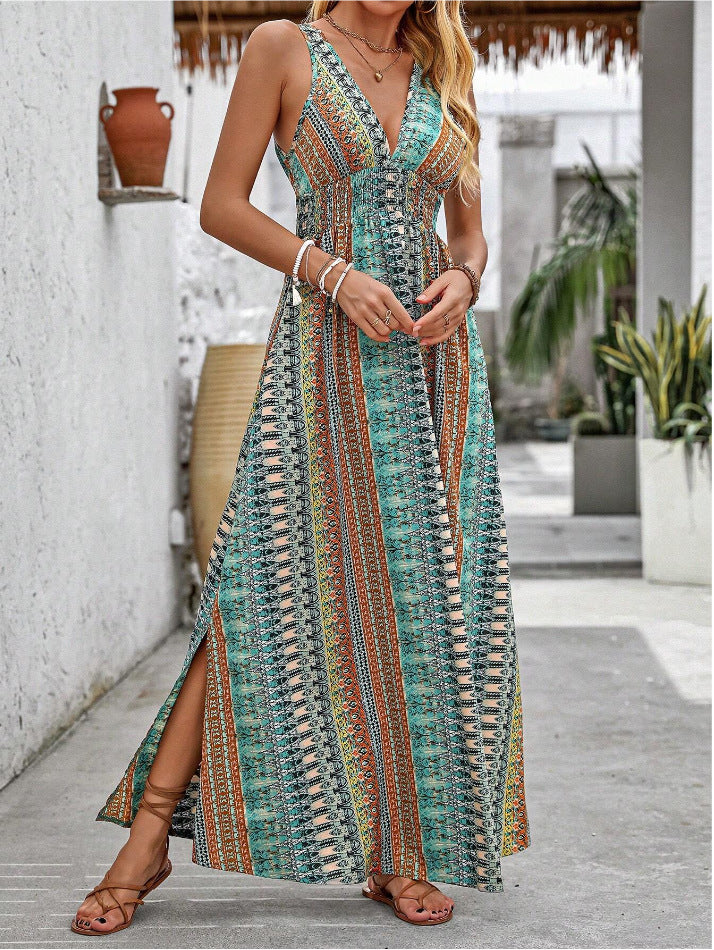 Summer Women V neck Split Sleeveless Dress