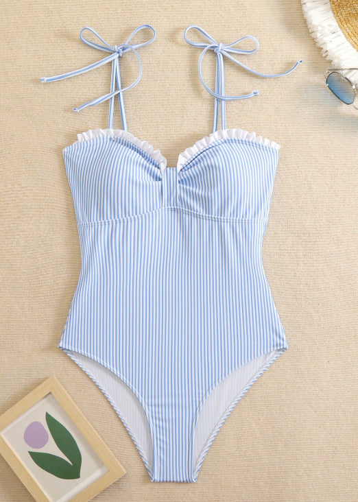 Women One Piece Swimsuit Striped Printed Bare Back Sexy Swimsuit