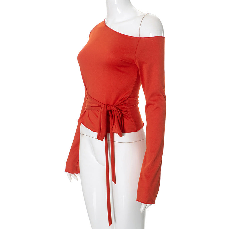 Women Clothing One Shoulder Cold Shoulder Long Sleeve Waist Strap Elegant Short Top