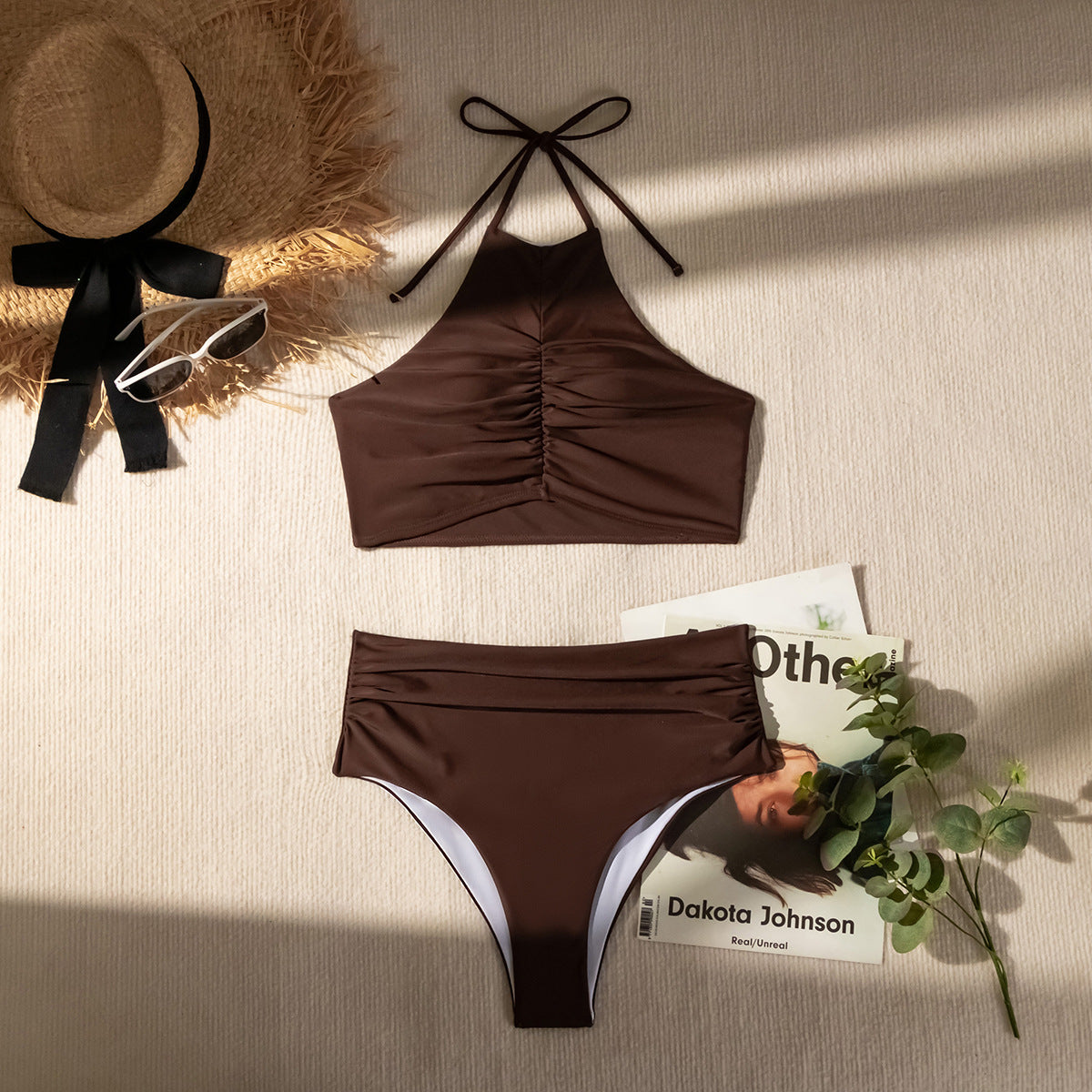 Women Split Tube Top Pleated Halter Lace up High Waist Sexy Swimsuit