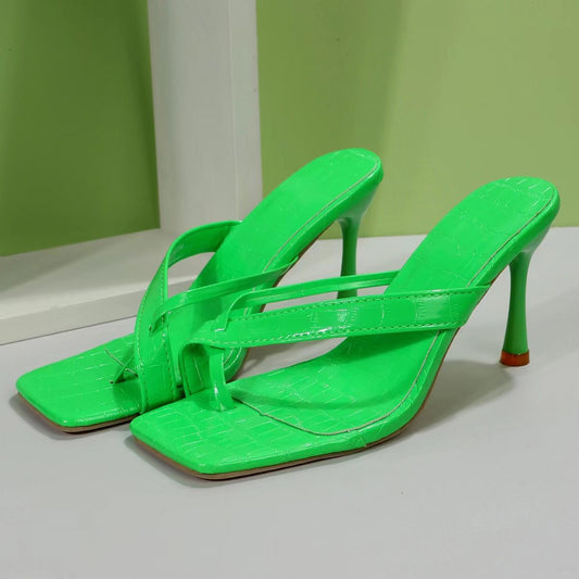 High Heel Flip Flops Women Sub Pattern Square Toe Stiletto Heel Sandals