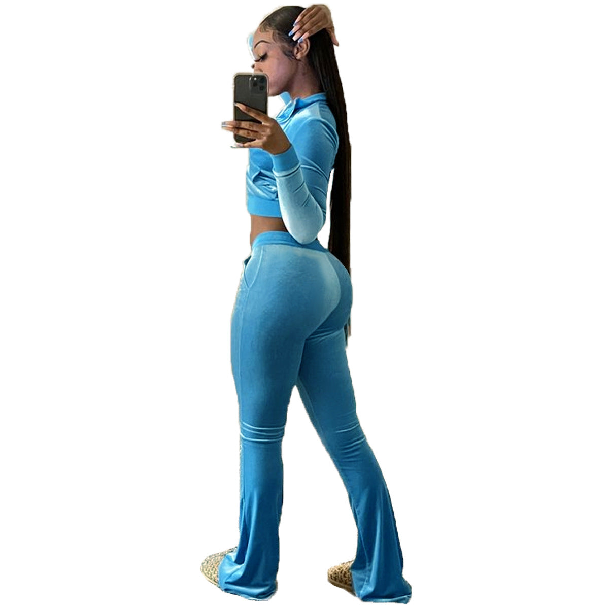 Women Clothing Two-Piece Korean Velvet Solid Color Long Sleeve Sexy cropped Casual Sports Suit