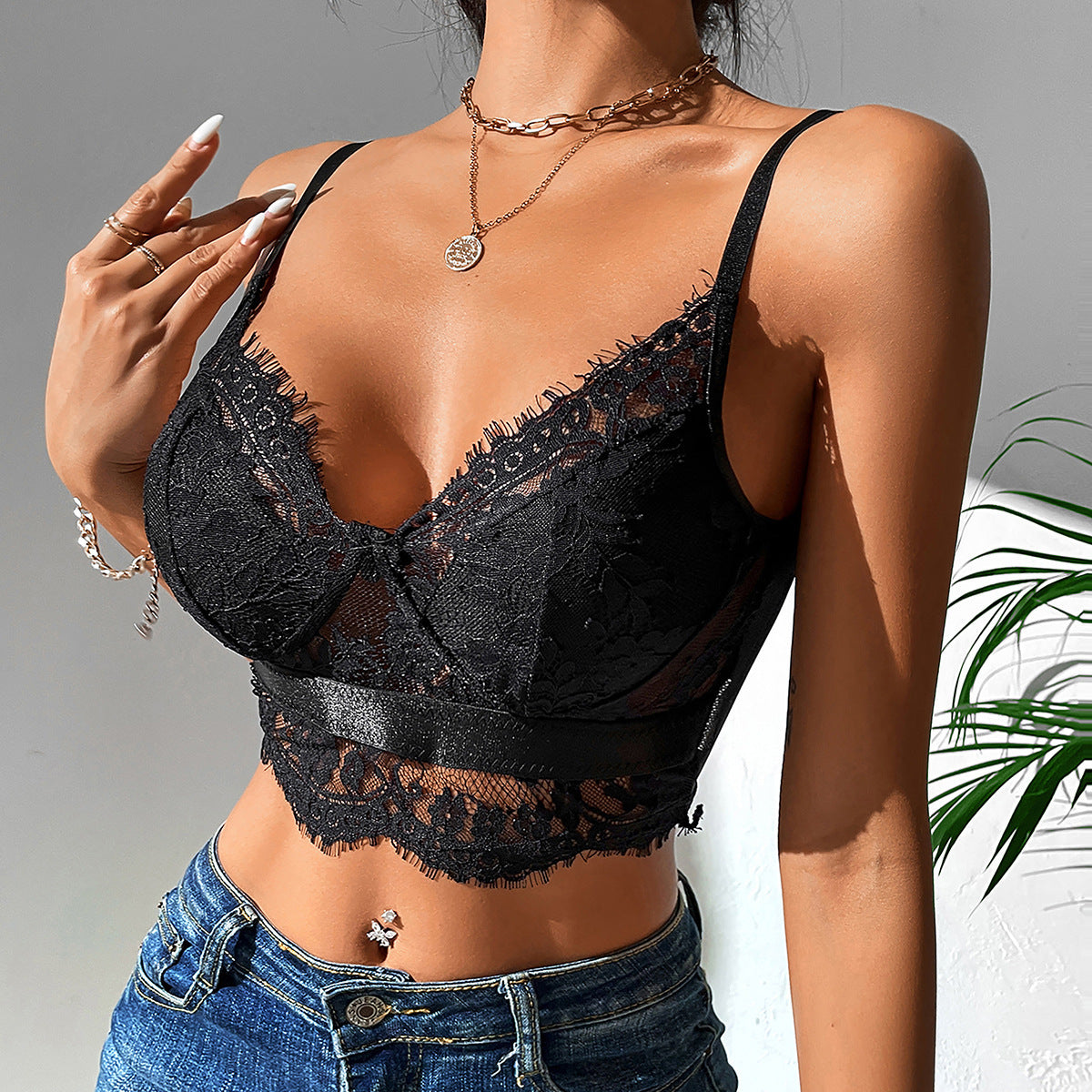 Lace Splicing Sling Vest Women Nightclub Sexy Bare Back Mesh Eyelash
