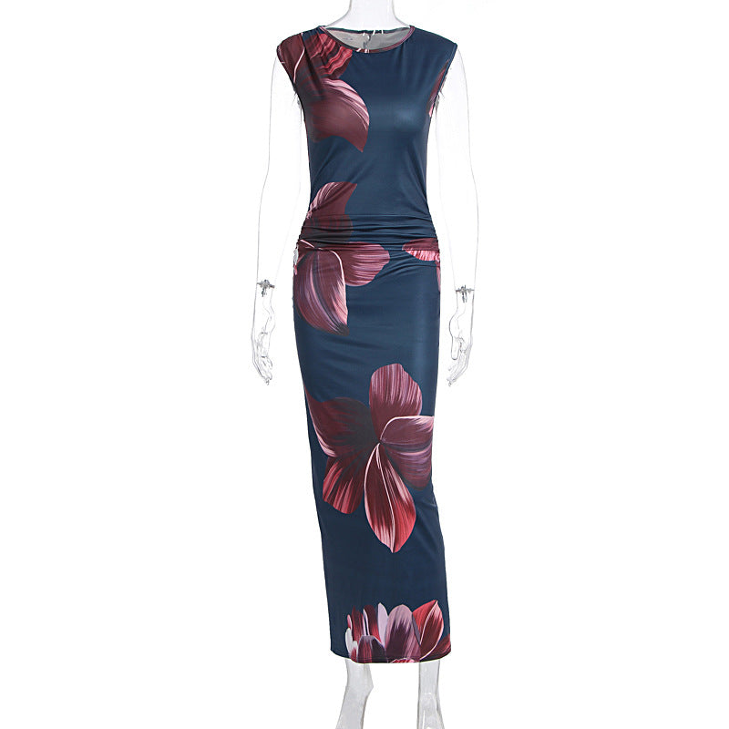 Women Clothing Summer Sleeveless Printed Slim Sheath Dress Elegant Graceful Women Clothing