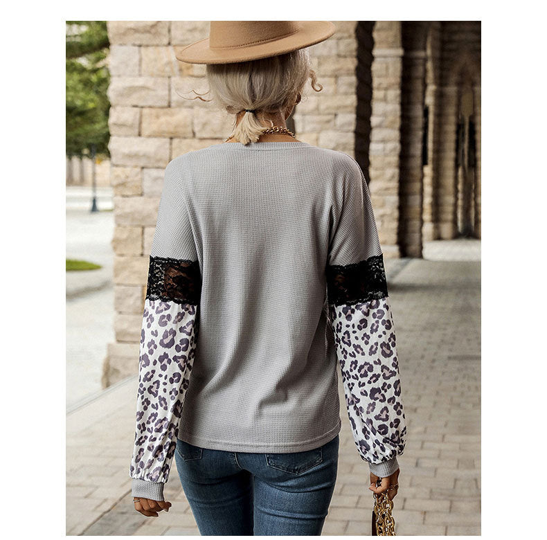 Autumn Winter Stitching Top Women Leopard Print Long Sleeve Contrast Color Knitwear