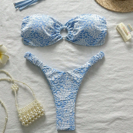 Trend Jacquard Halter Spaghetti Straps Sexy Bikini Split Lace up Spring