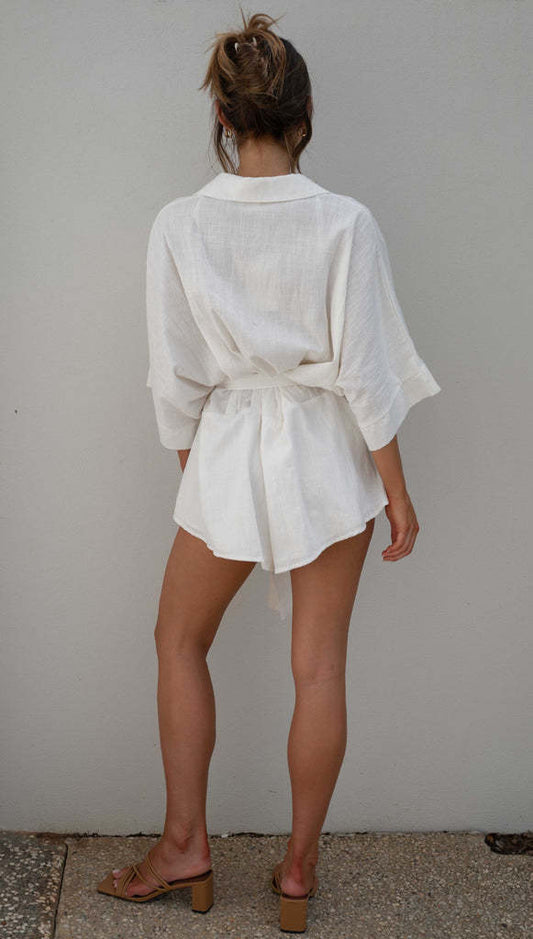 Women Clothing Polo Collar Mid Sleeve Waist Lace up Loose Romper