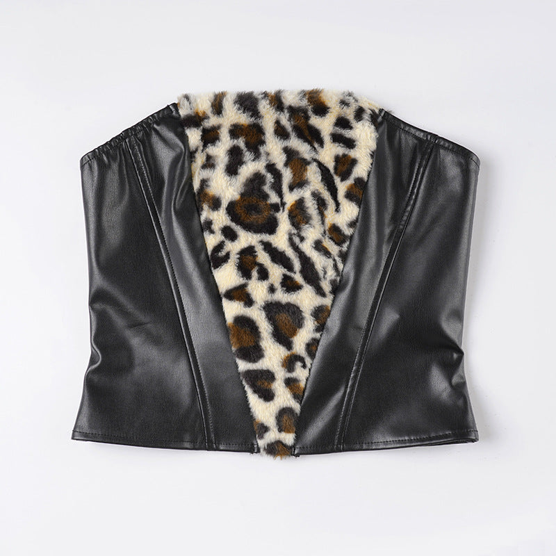 Women Clothing Two Piece Sets Leopard Fur Stitching Leather Tube Top Sexy Hip Skirt Two Piece Sets
