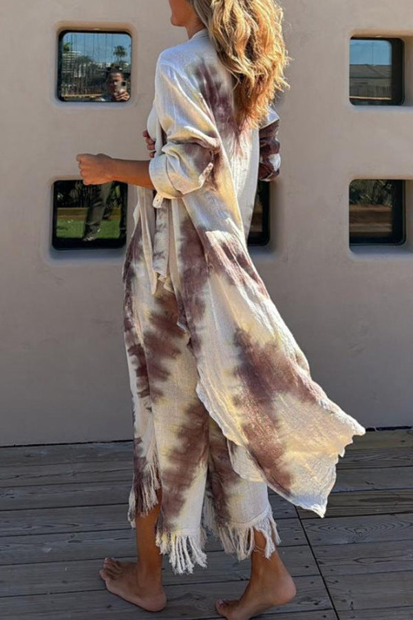 Printed Vest Tassel Cropped Pants Coat Three Piece Suit