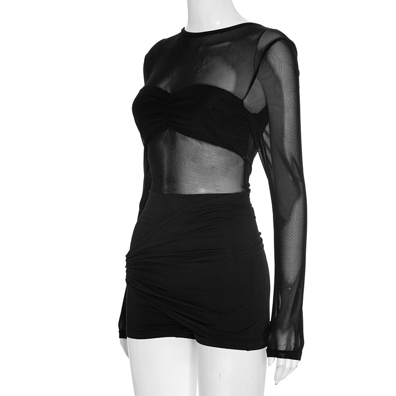 Autumn Winter Women Sexy Sexy Bare Back Slim Mesh Romper