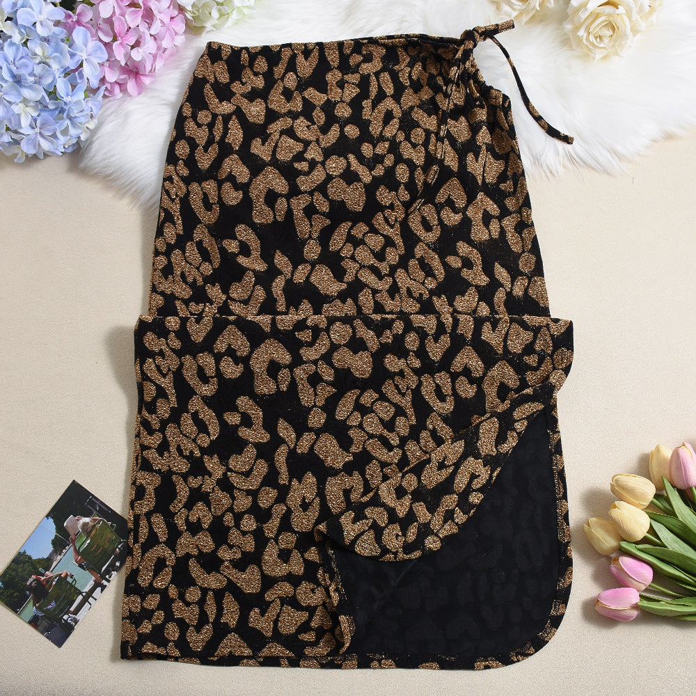 Women Pants Personality Slit Drawstring Lace Stretch Leopard Print Skirt
