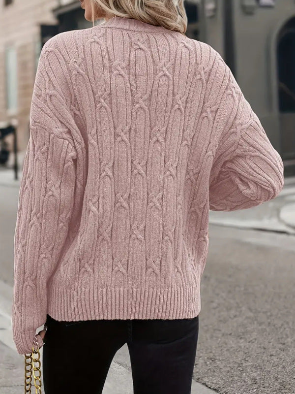 Women Clothing Autumn Winter V neck Sweater Women Twist Thread Solid Color Sweater Loose Top