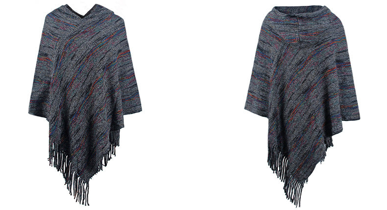 Hooded Striped Tassel Cape Shawl Women Autumn Winter Women Outer Scarf