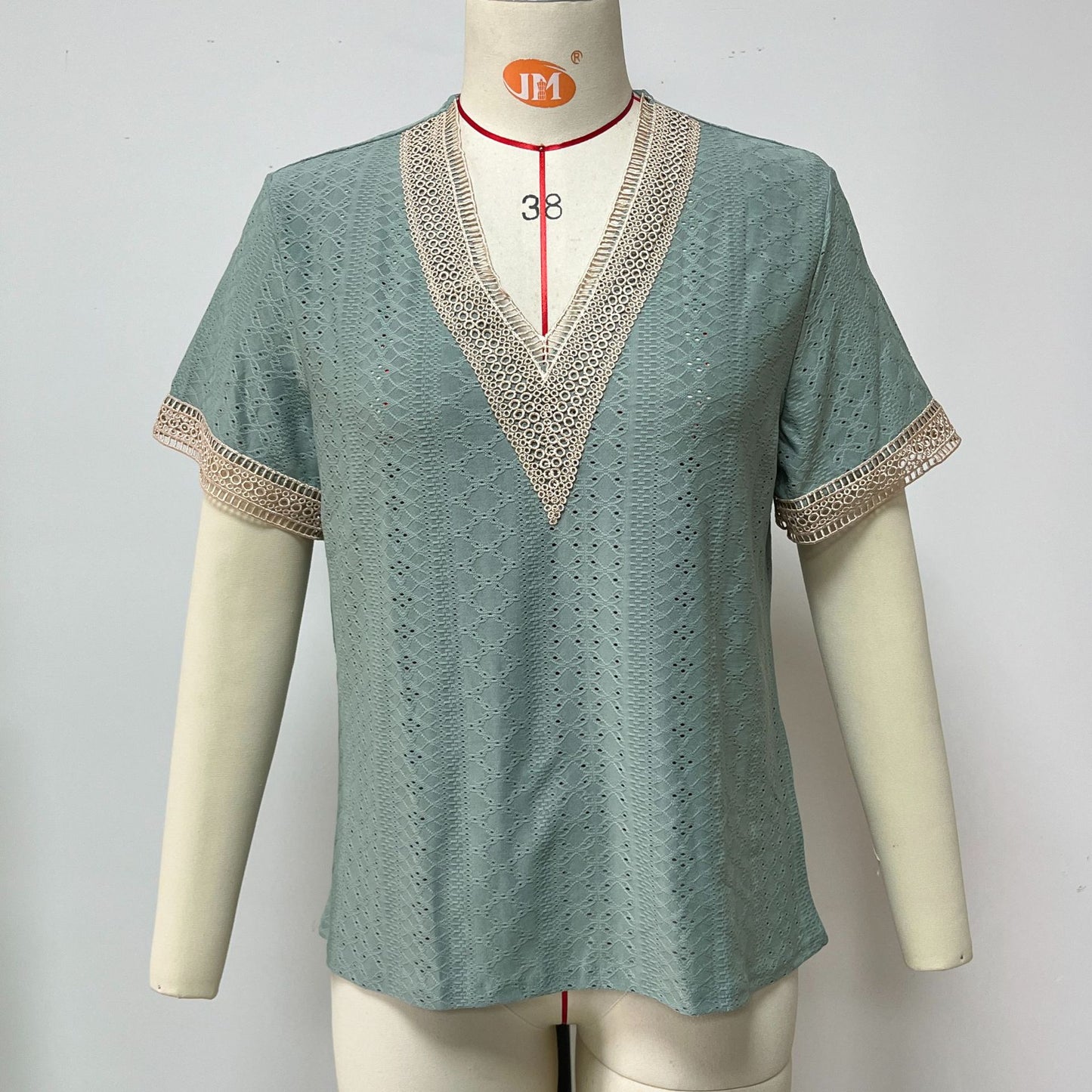 Lace V neck Patchwork Solid Color Loose Short Sleeve Underwear T shirt Top Ladies