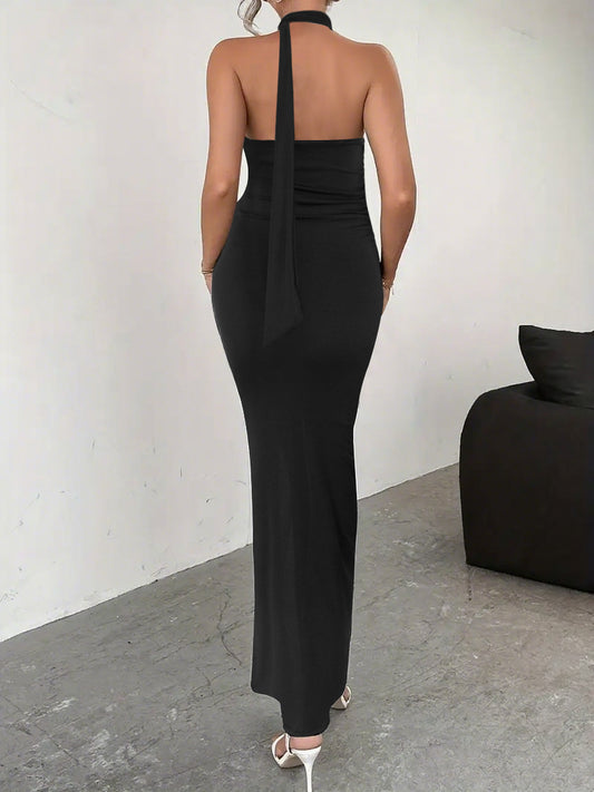 Sexy Backless Lace up High Slit Dress Ribbon Design Sleeveless Dress