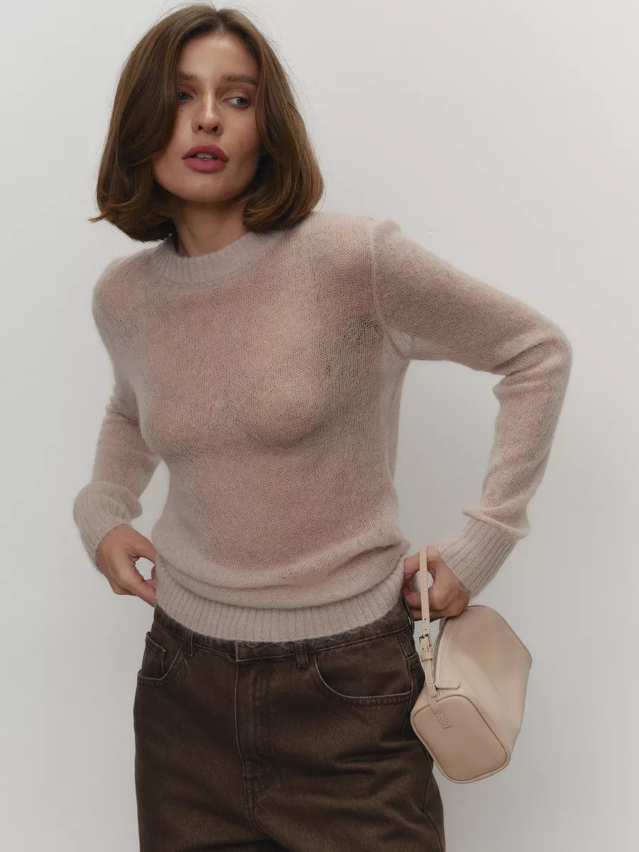 Spring Summer Thin Sweater Blouse Women round Neck See through Basic Knitwear Candy Color