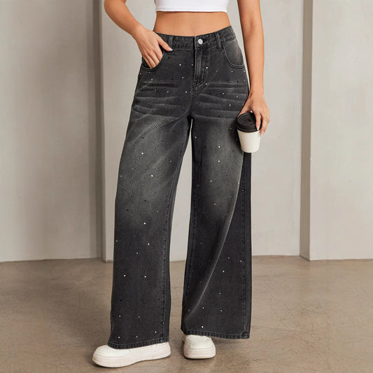 Starry Sky Loose Comfortable Women Casual All Matching Straight Pants Blingbling Popular Rhinestone Jeans