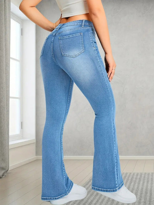 Women Jeans Stretch Multi Craft Pocket Design Loose Flared Pants Slim Fit Light Blue Trousers