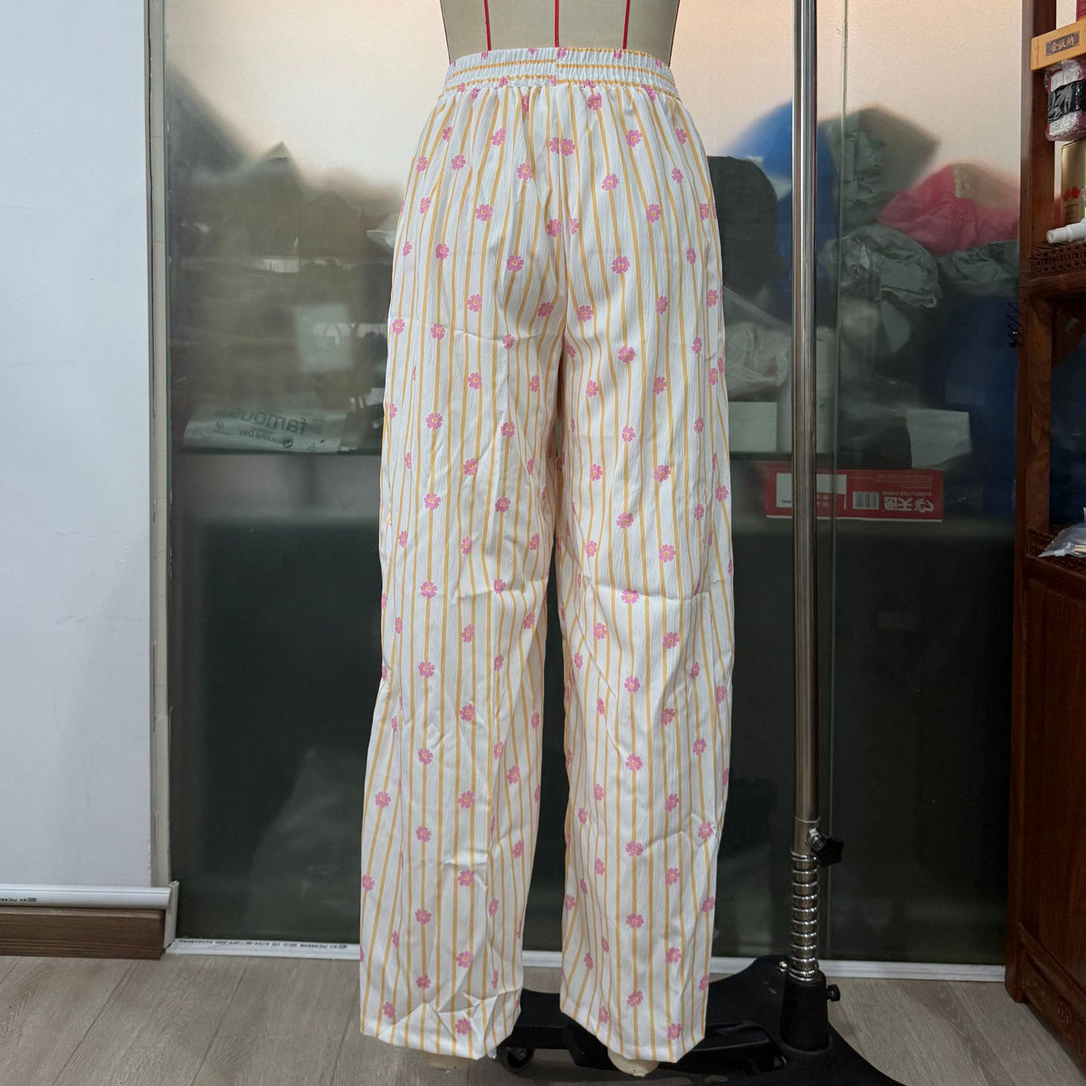Thin Striped Printed Women Casual Pants Summer Drawstring Straight Loose Wide Leg Mop Pants