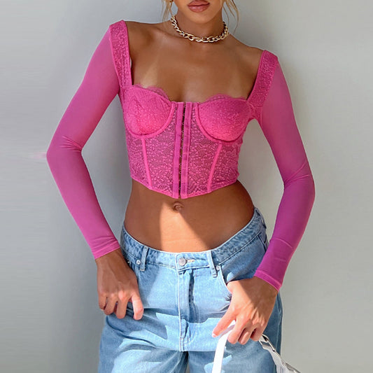 Summer Women Clothing Sexy Slim Lace Boning Corset Long Sleeve Square Cut Collar Short Top