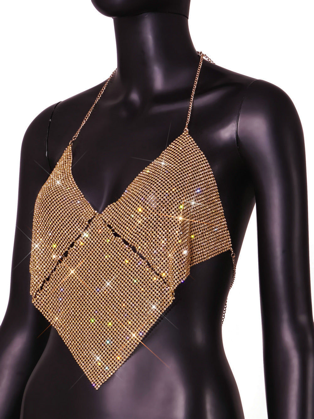 Women Clothing Nightclub Sexy Low Cut Backless Halter Rhinestone Stitching Triangle Vest Women