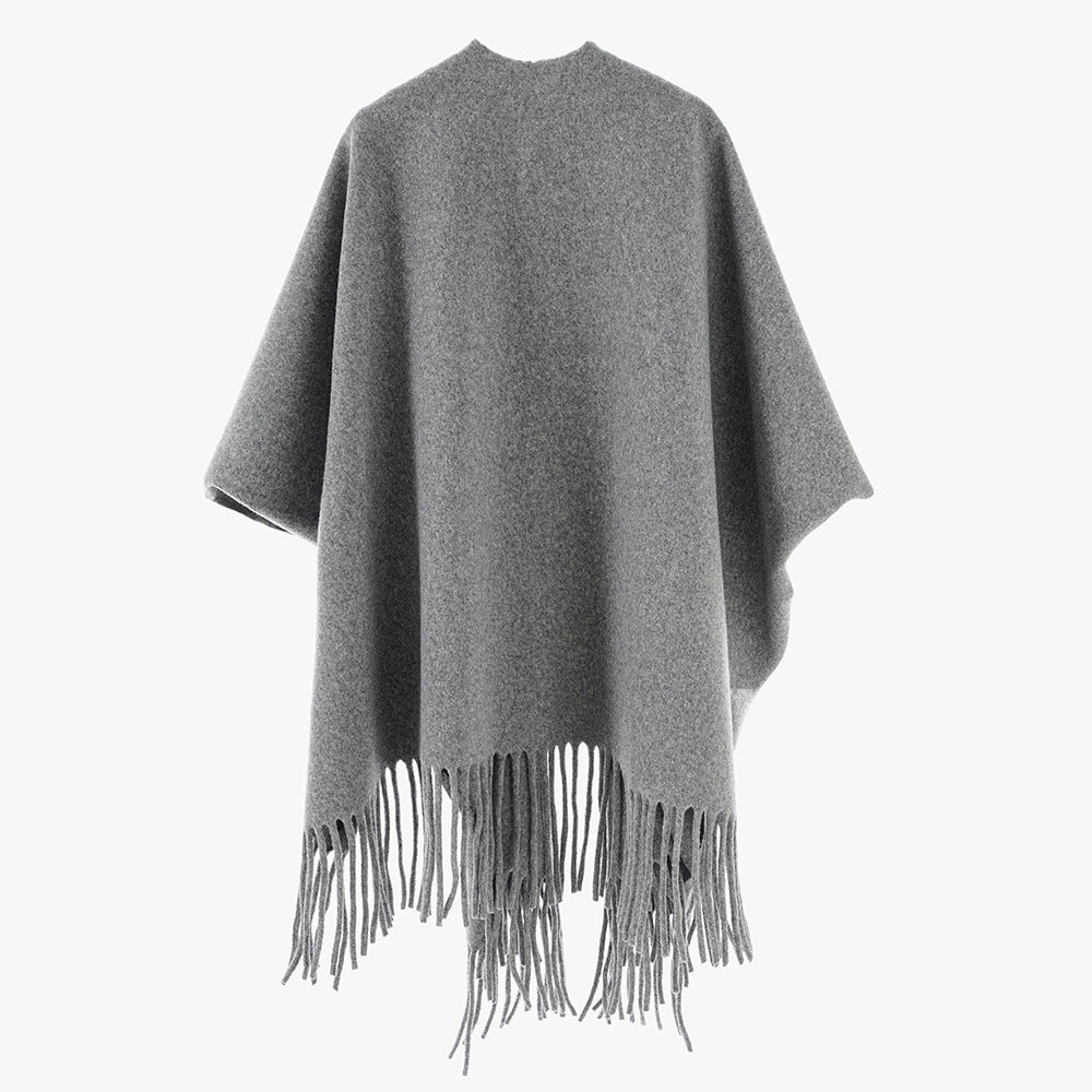 Solid Color All Matching Cashmere Tassel Shawl for Women Fall Winter Retro Travel Warm Outerwear Cloak Robe
