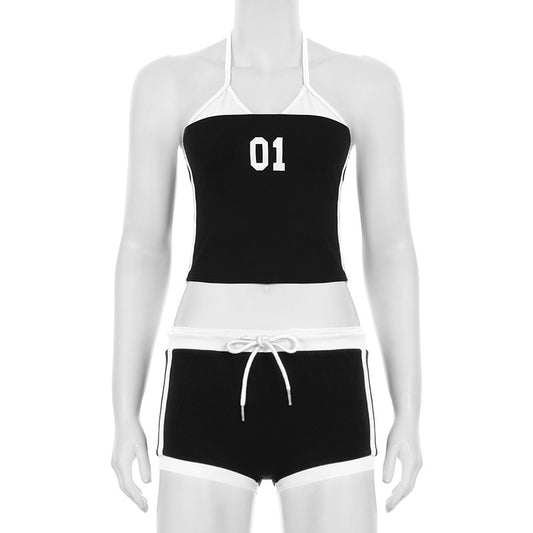 Casual Digital Printing Halter Lace up Vest Striped Contrast Color Street Sports Two Piece Sets